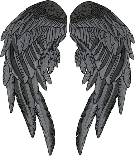 Parches de alas de ángel negro y gris de 14 pulgadas | "Santos y pecadores" alas y plumas realistas de ángeles de la guarda | Parche bordado en la