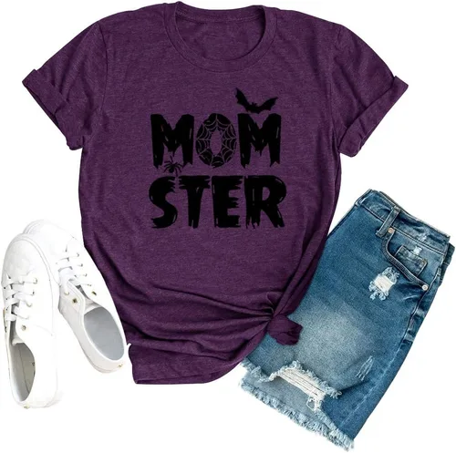 Camiseta de Momster para mujer, divertida camiseta gráfica de murciélago araña para Halloween, casual, estampado de letras de mamá Ster, tops Hocus