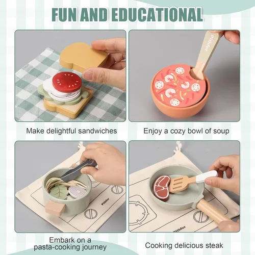 Miniatura 6 de Pithfor Juego de cocina de madera y cafetera para niños, juego de electrodomésticos y accesorios de cocina de juguete, regalo para niños y niñas