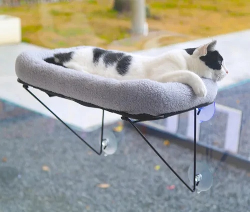 Miniatura 5 de Zakkart Percha para ventana para gatos, 100% metal apoyado desde abajo, viene con una cálida cama espaciosa para mascotas, hamaca de ventana
