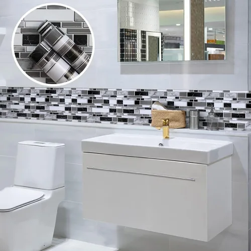 Miniatura 6 de Loseta en muro adhesiva de color blanco y negro para cocina, papel tapiz removible de 11.8 x 196.8 pulgadas, papel adhesivo con azulejos para baño