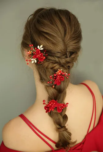 Miniatura 3 de Accesorio para el pelo de novia, peine de flores rojas con diamantes de imitación y perlas para mujeres, novia, graduación, fiesta, noche