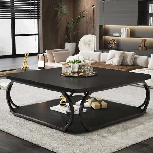 Miniatura 5 de Tribesigns Square Coffee Table with Open Storage Shelf for Living Room, 39 Inch Large Wood Center Table 2 Tier Low Coffee Tables Farmhouse Tea Table