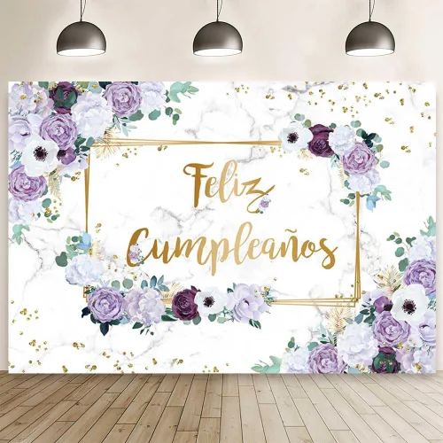 Miniatura 10 de MEHOFOND Telón de fondo de feliz cumpleaños de 7 x 5 pies, flores azules y blancas, fondo de fotografía de cumpleaños para niñas, puntos geométricos