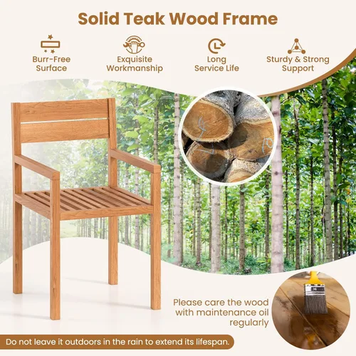 Miniatura 6 de HAPPYGRILL Silla de comedor de madera de teca, sillón de muebles de madera para exteriores con asiento y respaldo de listones, para patio trasero