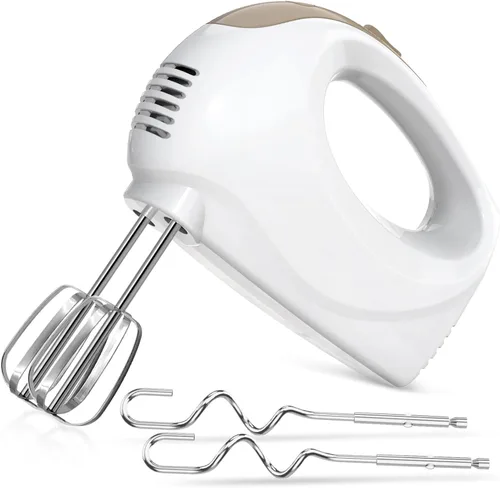 Batidora de mano eléctrica de 5 velocidades con batidor, batidores tradicionales, 120 vatios, portátil y ligera, para mezclar o cocinar, color blanco
