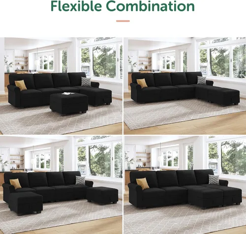Miniatura 4 de HONBAY - Sofá seccional con asiento de almacenamiento de terciopelo, en forma de U, con tumbona reversible, sofá seccional convertible para sala