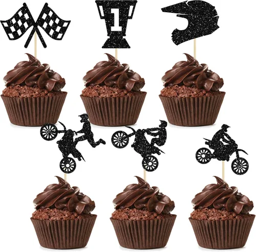 Ephlyn Decoración para cupcakes de motocicleta, 24 piezas de decoraciones negras con purpurina para deportes, tema de motocross, para hombre y niño,