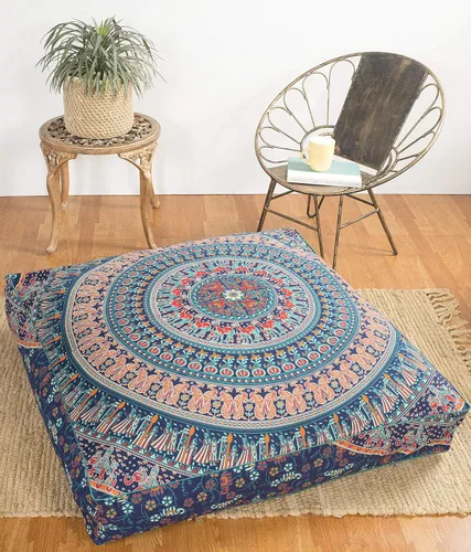 Miniatura 10 de Popular Handicrafts Funda de cojín de suelo – Funda de cojín de mandala de elefante hippie grande de algodón – Funda de puf redonda bohemia Azul