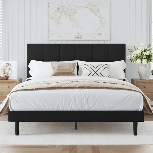 Miniatura 11 de Base de cama de plataforma de terciopelo de tamaño matrimonial con cabecera tapizada y soporte de listones resistentes, diseño con botones,