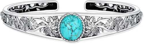 Christmas Jewelry Gift for Women-Genuine Turquoise Cuff Bracelet, Sterling Silver Western Vintage Floral Bangle Native American Jewelry, For 6.5-7.5