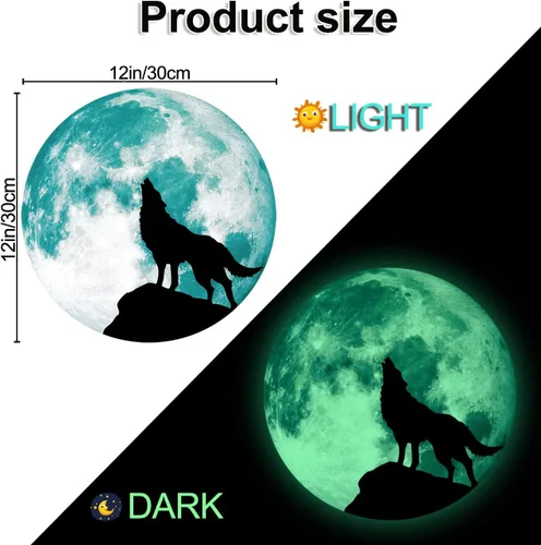 Miniatura 2 de Calcomanía creativa de pared de luna luminosa, diseño de lobo que brilla en la oscuridad, adhesivo de pared de PVC extraíble impermeable