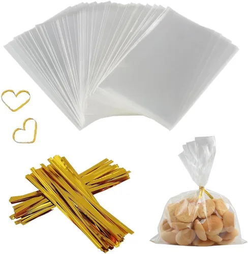 Miniatura 2 de Bolsas transparentes para golosinas, 100 bolsas de celofán, bolsas transparentes para dulces con 100 lazos metálicos para dulces, palomitas de maíz