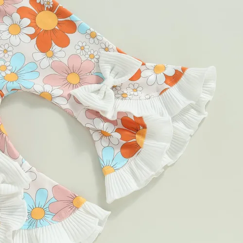 Miniatura 6 de BULINGNA Conjunto de dos piezas de verano para bebé niña sin mangas con estampado de arco iris + pantalones cortos florales de PPpantalones