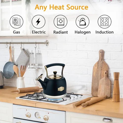Miniatura 2 de Tetera de acero inoxidable, tetera de acero inoxidable para estufa con mango ergonómico resistente al calor, 3.0 cuartos Negro