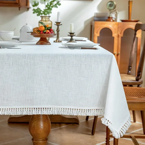 Miniatura 7 de AmHoo - Mantel de lino con borlas y bordado rectangular decorativo para mesa natural para cocina, comedor, buffet de boda, 55 x 55 pulgadas, negro