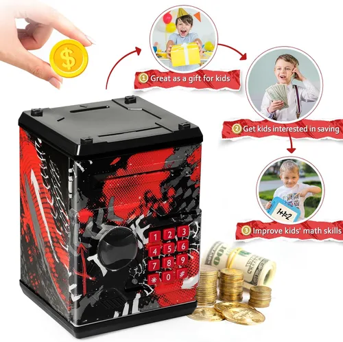 Miniatura 5 de Alcancía de cajero automático para niños y niñas, Vcertcpl - Mini alcancía de monedas con contraseña, caja de ahorro con agarre automático