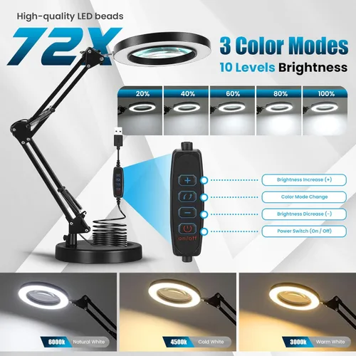 Miniatura 3 de 10 lupas con luz y soporte y abrazadera, lámpara de aumento LED, lupa de manos libres grande con luz manos libres, espejo para manualidades
