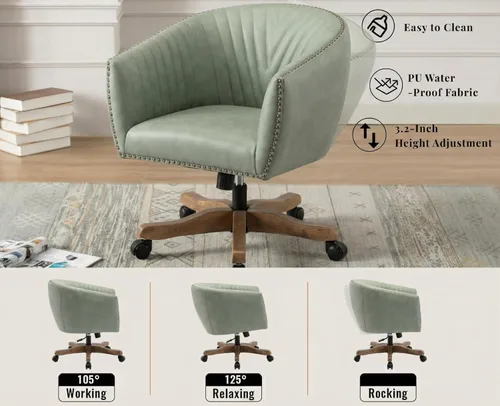 Miniatura 3 de Silla de escritorio de piel sintética verde, silla de escritorio tapizada giratoria con brazo ajustable con cabezas de clavos, cómoda silla
