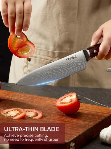 Miniatura 7 de FOHERE Juego de cuchillos de chef, 5 cuchillos de cocina ultra afilados con mango ergonómico de madera de Pakka roja, juego de cuchillos
