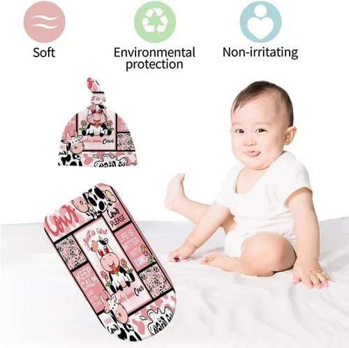 Miniatura 4 de Juego de mantas para recién nacido con gorro de Who Love Cows, manta de recepción para recién nacido para niño y niña, saco de envolver para ducha