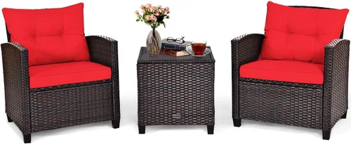 Miniatura 12 de Tangkula Juego de muebles de patio de 3 piezas, mimbre de ratán PE, juego de sofá de 3 piezas para exteriores con cojín lavable y superficie de mesa
