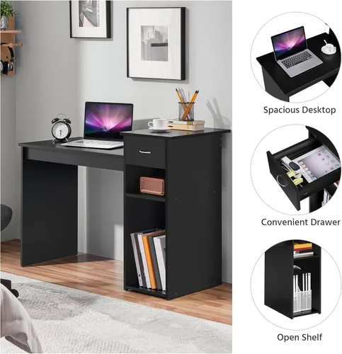 Miniatura 5 de Yaheetech Juego de escritorio y silla moderno para oficina en casa, escritorio para computadora con cajón y estantes con silla de oficina ergonómica