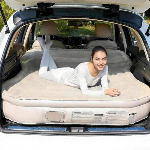 Miniatura 10 de KMZ Colchón de aire SUV con bomba incorporada y 2 almohadas, PVC flocado grueso, cama de aire de inflado rápido de 90 segundos, cama de aire Naranja