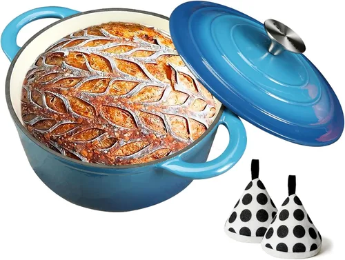 COOKWIN Olla de hierro fundido esmaltada con tapa antiadherente, olla recubierta de esmalte antiadherente, azul, 3 QT