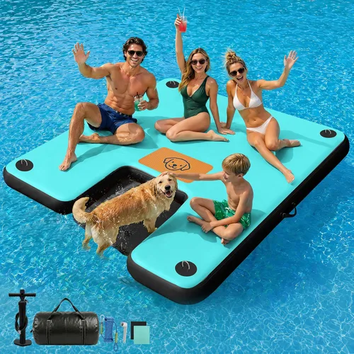 Miniatura 17 de AWEMUFA Muelle flotante inflable con rampa de 5 pies/6 pies/8 pies/10 pies, plataforma flotante flotante, tapete flotante de isla flotante, flotador