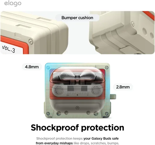 Miniatura 5 de elago Compatible con Samsung Galaxy Buds 3 Pro y 3 y 3 FE Funda, funda con diseño de cinta de casete con mosquetón, protección completa, accesorios