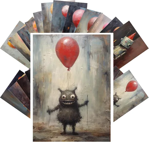 Pixiluv Postales Vintage (24 piezas de 4"x6" cada una) Pequeñas Criaturas y Robots con Globos Postales Vintage Postales Retro Libro de Ilustraciones