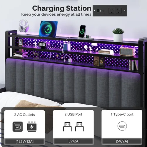 Miniatura 6 de VINGLI Cabecera LED Queen con 3 estantes de almacenamiento y estación de carga, moderna cabecera tapizada con luces RGB, puertos USB y toma de Lino