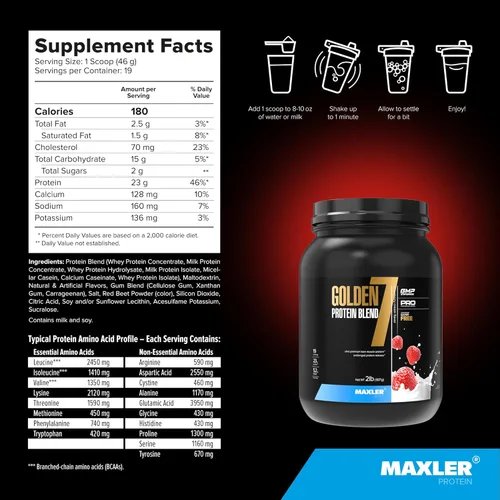 Miniatura 5 de Maxler Golden 7 Protein Blend - Proteína en polvo para ganancia muscular y recuperación - Polvo de proteína de fresa de 2 libras