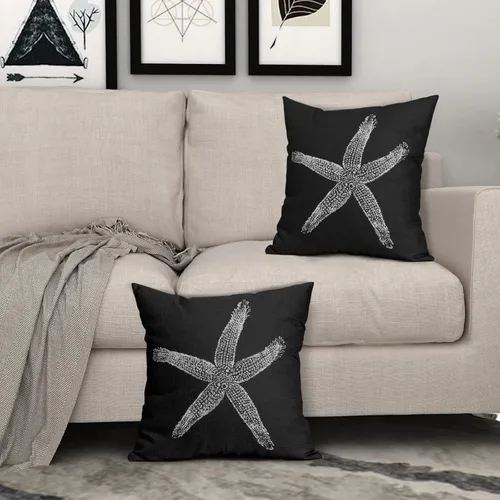 Miniatura 3 de Sweetshow Juego de 2 fundas de almohada cuadradas de lino con estrellas de mar negras de 16 x 16 pulgadas, decoración náutica costera de playa