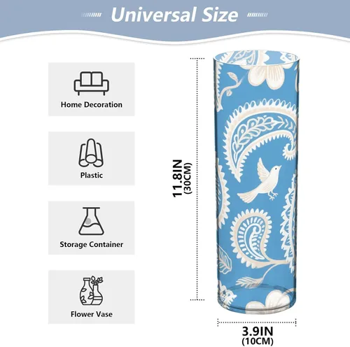 Miniatura 2 de Jarrón de plástico azul bohemio con flores de cachemira blanca, 11.8 x 3.9 pulgadas, portavelas decorativo, irrompible, mesa de boda, oficina