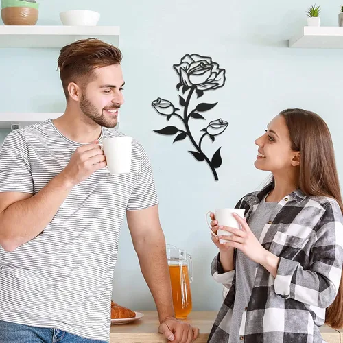 Miniatura 4 de ESTART Decoración de pared de rosas de metal negro para baño, 15 pulgadas de alto, bonito arte de pared floral de metal para el día de San Valentín