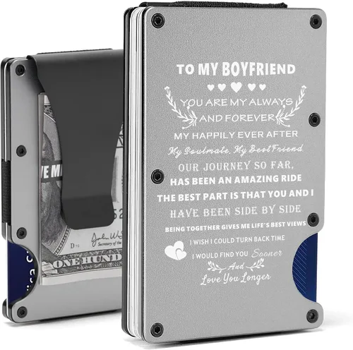 Regalo personalizado para hombres | Cartera de metal grabada personalizada para papá, hijo, marido, novio, tarjetero minimalista de aluminio con
