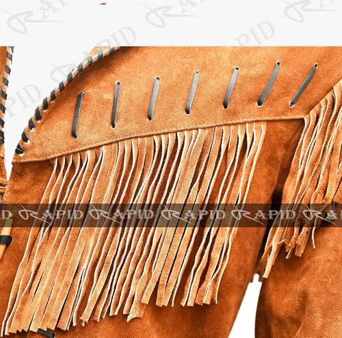 Miniatura 6 de Chaqueta de cuero vaquero occidental para hombre, gamuza real y flecos, abrigo nativo americano, color marrón tostado, talla 3XL grande RP-786 0