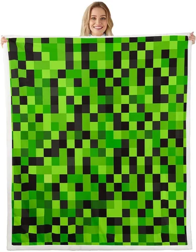 Manfei Miner Style Grid Throw Blanket Green Pixel Shade Plaid Fleece Blanket Modern Geometric Games Cozy Throws for Bed Couch Sofa,Kids Boys Girls
