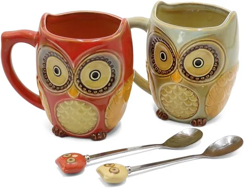SQOWL Juego de 2 tazas de café 3D de cerámica con cucharas, tazas de té de oficina para mujeres y hombres, 12 onzas, cian y rojo