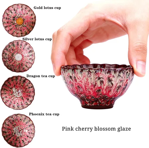 Miniatura 2 de 4 tazas de té chino hechas a mano, taza de té Jianzhan Tenmoku con esmalte rosa, taza de cerámica en forma de pétalo de 4 onzas con incrustaciones