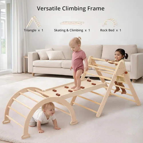 Miniatura 5 de PairPear Pikler - Juego de escalada triangular plegable para niños, 7 en 1, Montessori, grandes juguetes de escalada de madera, gimnasio de selva