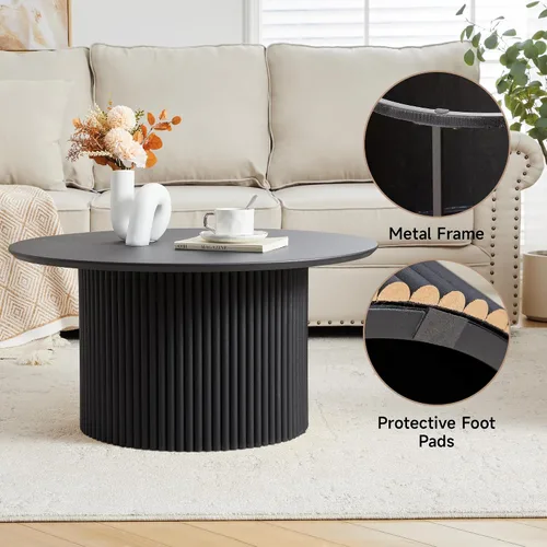 Miniatura 6 de Mesa de café redonda de 31.5", Mesa de centro moderna con acento acanalado y marco de metal, mesas de café de madera redondas para sala de estar