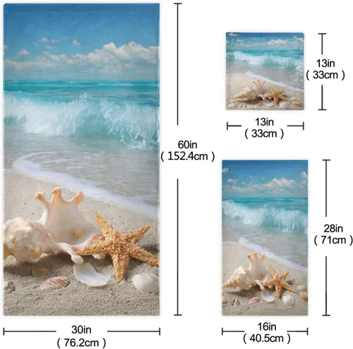 Miniatura 2 de Vdsrup Juego de 3 toallas de mano con diseño de estrella de mar y océano de playa, toalla de baño de cielo azul, toalla suave y fina para invitados