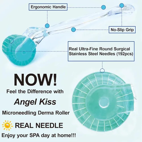 Miniatura 7 de Angel Kiss Real Needles - Rodillo Derma para rostro, cuerpo y cuero cabelludo, 192 microagujas individuales de acero inoxidable de 0.012 in, rodillo