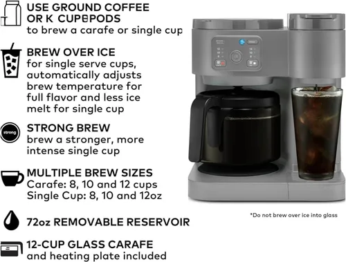 Miniatura 4 de K-Duo - Cafetera para bebidas calientes y frías, cafetera de una porción con cápsulas KCup y jarra de goteo para 12 tazas de café, depósito de agua
