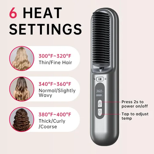 Miniatura 8 de Cepillo alisador de pelo inalámbrico, alisador de pelo portátil, cepillo inalámbrico con 6 ajustes de temperatura, cepillo alisador de pelo