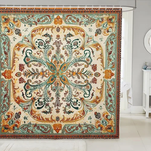 Miniatura 19 de Cortina de ducha verde naranja quemado, cortina de ducha de tela floral bohemia bohemia bohemia para niños y mujeres, cortinas de baño impermeables