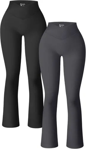OQQ Pantalones de yoga de 2 piezas para mujer, acanalados, sin costuras, cintura alta, cruzados, acampanados, leggings para ejercicio